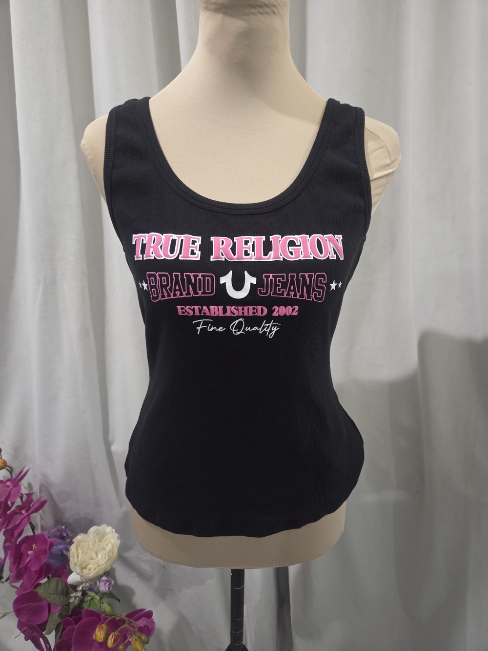Y2K True Religion Black Tank Top with Pink and White Logo